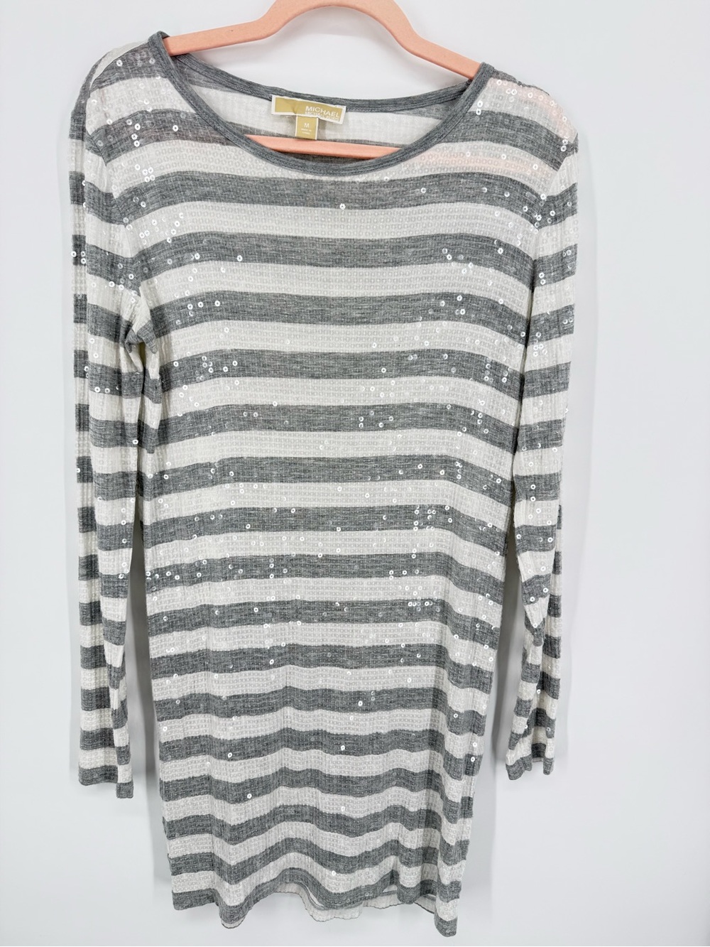 Michael Kors Women's Gray White Stripe Seguin Mini Shirt Dress Party Medium Glam